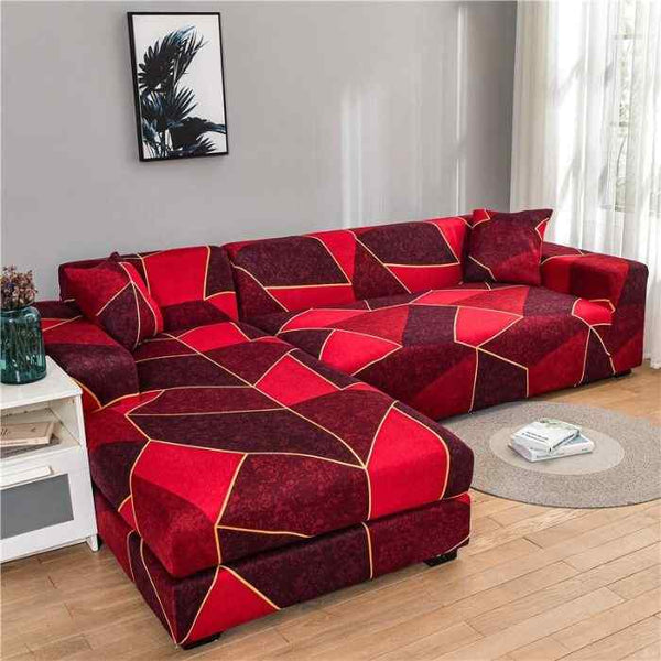L-Shaped Sectional Couch Covers  Red Pattern