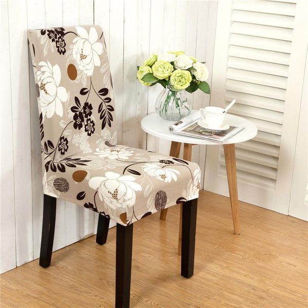 Stretchable Floral Pattern Dining Chair Slipcover Khaki with White Flower