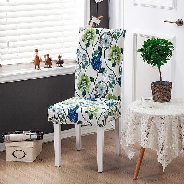Stretchable Floral Pattern Dining Chair Slipcover Green and Blue Flower