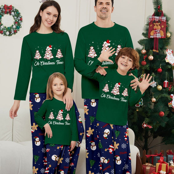 Green Christmas Tree and Snowman Print Family Holiday Pajamas