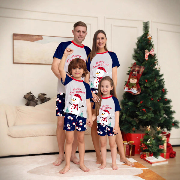 White Snowman Cartoon Print Christmas Pajamas with Short Sleeves and Shorts