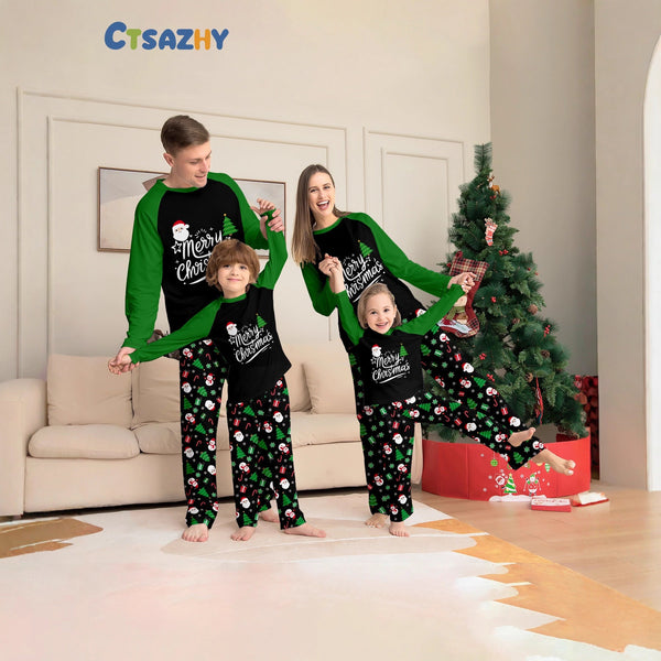 Family Christmas Pajamas Christmas Tree Santa Letter Print Green Set