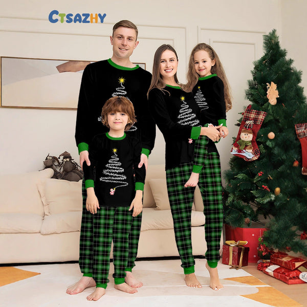 Family Christmas Pajamas Firework Green Plaid Black Loungewear