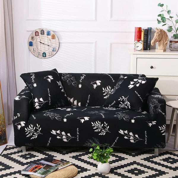 Pattern Super Stretch Sofa Cover Black Leaf