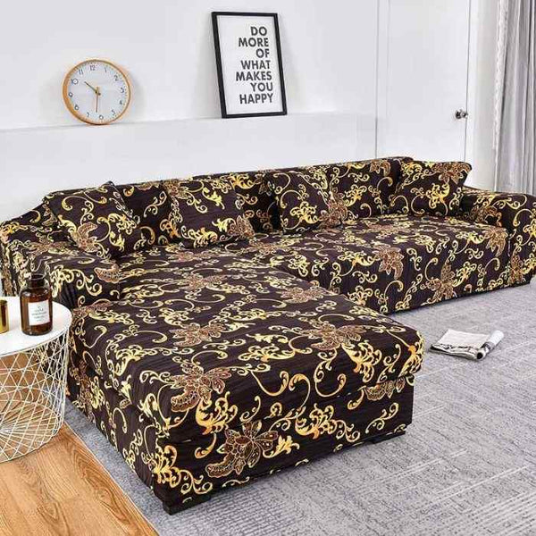 L-Shaped Sectional Couch Covers Gold Flower