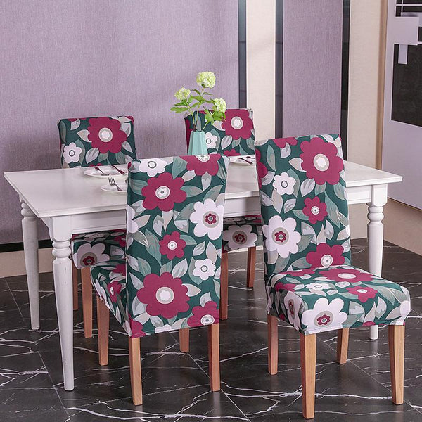 Stretchable Floral Pattern Dining Chair Slipcover Green with Pink Flower