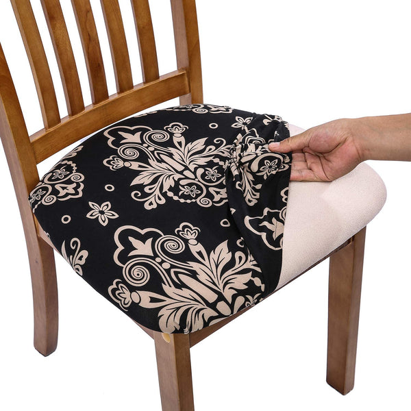 Pattern Stretchable Dining Chair Seat Cover Black with Golden Pattern