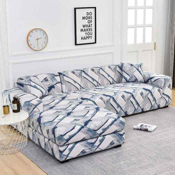L-Shaped Sectional Couch Covers  Blue Pattern