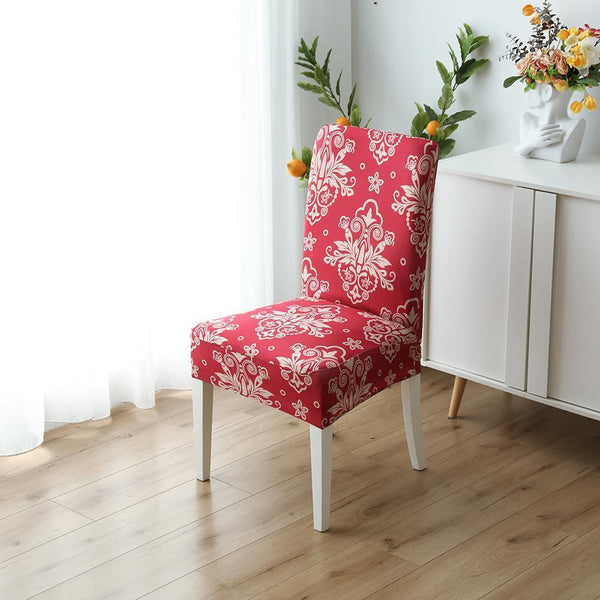 Stretchable Floral Pattern Dining Chair Slipcover Red with Golden Pattern